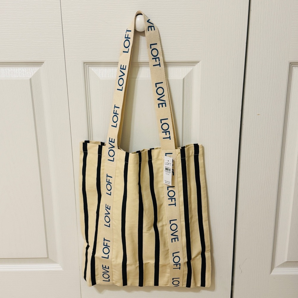 LOFT LOVE Canvas Cream Striped Shopping Tote NWT - Picture 6 of 11